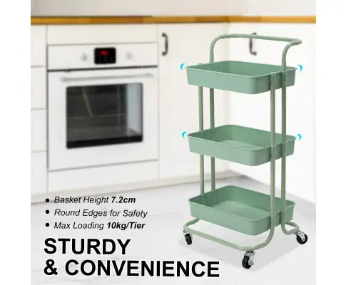 Kandoka 3 Tier Trolley Cart Storage Utility Organiser Swivel Kitchen