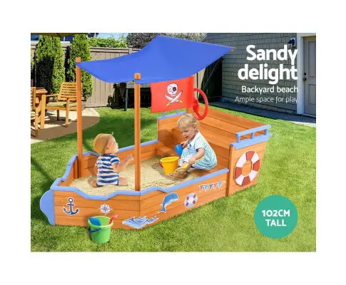 Keezi Kids Sandpit Wooden Boat Sand Pit with Canopy Bench Seat Beach Toys 165cm