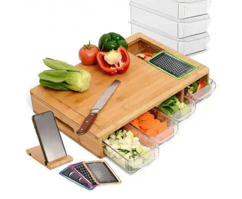 Large Bamboo Cutting Board and 4 Containers with Mobile Holder