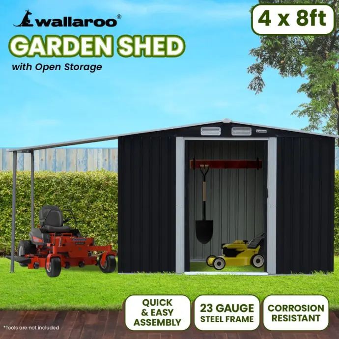 WALLAROO 4X8FT ZINC STEEL GARDEN SHED WITH OPEN STORAGE - BLACK