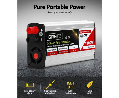 Giantz Power Inverter 600W/1200W 12V to 240V Pure Sine Wave Camping Car Boat