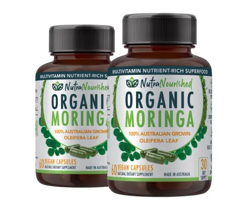 Organic Pure Moringa Leaf Capsules - Australian Grown - 2 x 60 Vegan Capsules (2 Months Supply)