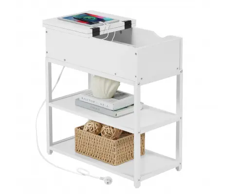 Multi-Tier Bedside Table with Powerboard, White