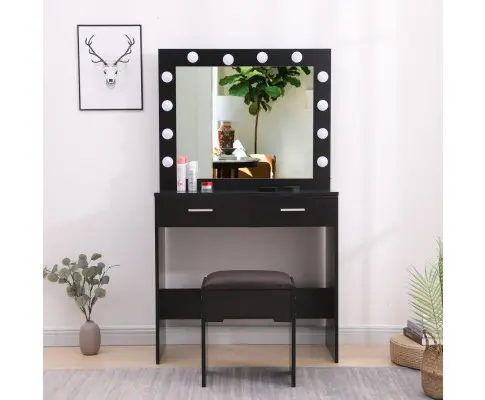 Fidel Vanity Set with Cushioned Stool and Lighted Mirror- Black