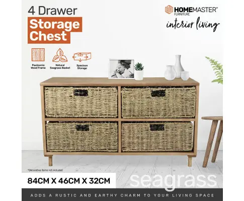 Home Master 4 Drawer Natural Seagrass Wooden Storage Chest Stylish 46cm