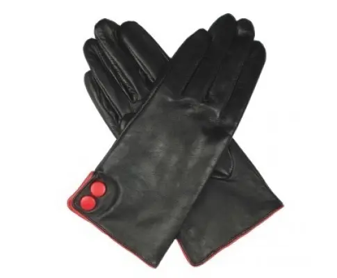 DENTS Ladies Kangaroo Leather Gloves Button Cuff Silk Lining - Black/Red - Small