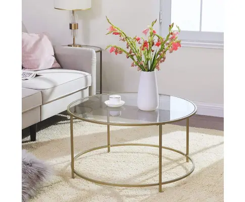 VASAGLE Round Coffee Table Glass Table with Steel Frame Gold