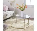 VASAGLE Round Coffee Table Glass Table with Steel Frame Gold