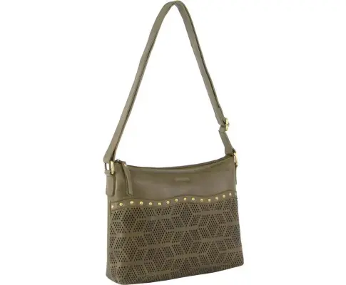 Pierre Cardin Womens Leather Perforated Cross Body Bag w/ Stud Detailing Travel - Olive