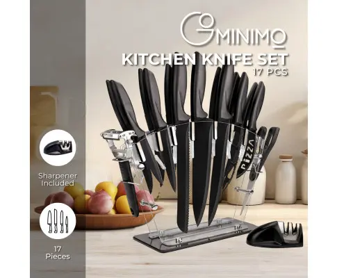 GOMINIMO 17 Piece Kitchen Knife Set with Acrylic Knife Block (Black and Transparent)