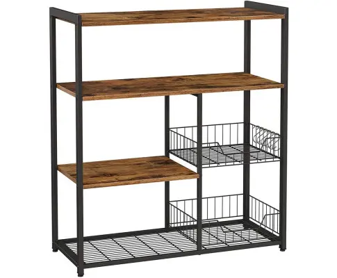 VASAGLE Baker's Rack Kitchen Island with 2 Metal Mesh Baskets Shelves and Hooks Industrial Style Rustic Brown