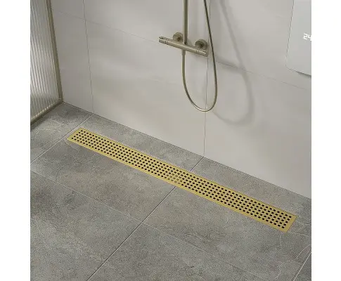 900mm Bathroom Shower Brushed Brass Grate Drain w/ Centre outlet Floor Waste Square Pattern