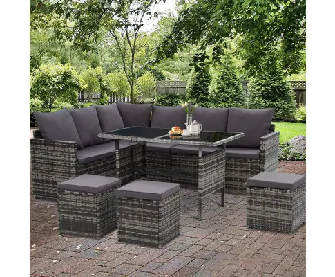 Gardeon Outdoor Dining Set Sofa Lounge Setting Chairs Table Ottoman Grey Cover