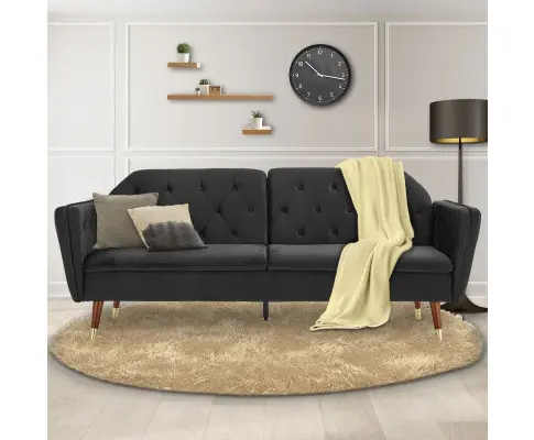 Sarantino Faux Velvet Tufted Sofa Bed Couch Futon - Black