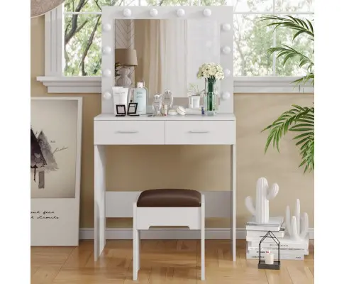 Fidel Vanity Set with Cushioned Stool and Lighted Mirror- White