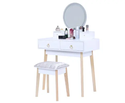 Dressing Vanity Table Stool Set with Make-up LED Lighted Mirror-White