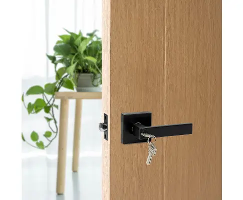 Door Handle Set Lever Key Lock Function Square Black