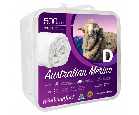 Woolcomfort Aus Made Merino Wool Quilt 500GSM 180x210cm Double Size