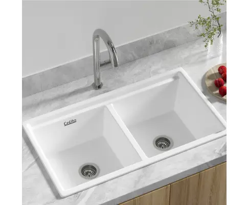 Cefito Kitchen Sink Stone Sink Granite Laundry Basin Double Bowl 79cmx46cm White