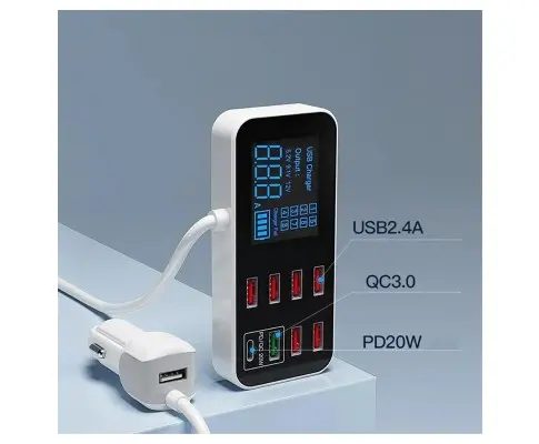 8-Port PD+QC3.0 Car Charger with LED Display