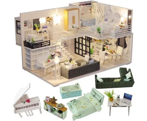 Dollhouse Miniature with Furniture Kit Plus Dust Proof and Music Movement - Happy time (1:24 Scale Creative Room Idea)