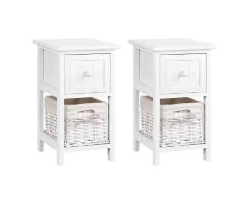 Artiss Bedside Table 1 Drawer with Basket Rustic White X2