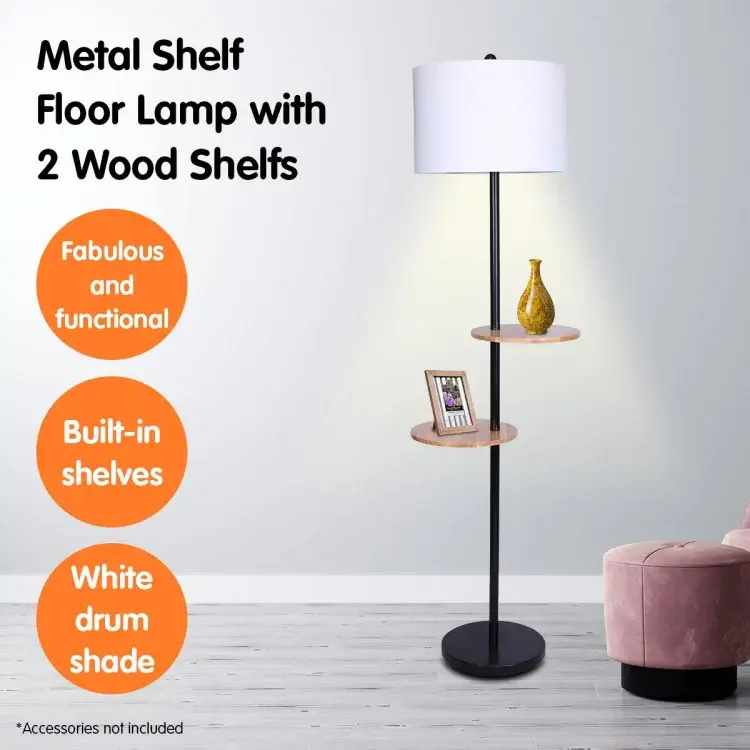 SARANTINO METAL FLOOR LAMP SHADE W/ BLACK POST ROUND WOOD SHELVES