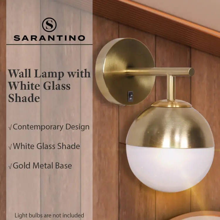 SARANTINO WALL LAMP WITH GOLD METAL BASE AND WHITE GLASS SHADE