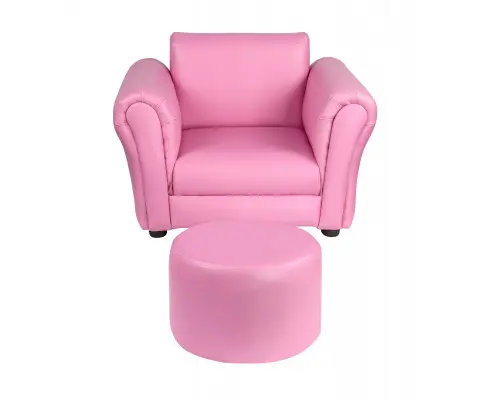 Kids Pink Couch Sofa Chair w/ Footstool in PU Leather