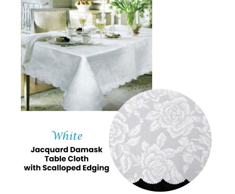 Jacquard Damask Design with Scalloped Edging Table Cloth White 140 x 180 cm