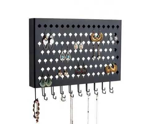 Wall Mount Earring Jewelry Hanger Organizer Holder with 109 Holes and 19 Hooks (Black)