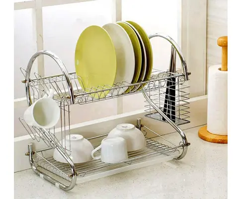 2 Tier Dish Rack with Drain Board for Kitchen Counter and Plated Chrome Dish Dryer Silver 42 x 25,5 x 38 cm