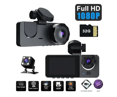 3 Channel Car DVR HD 1080P Vehicle Dash Cam Three Way Camera DVRs Recorder with 32 GB Card