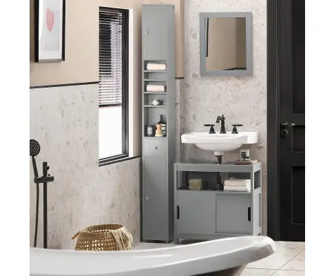 Tall Bathroom Storage Cupboard Shelves, Grey