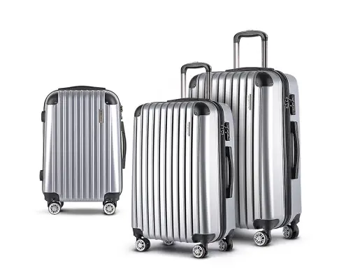 Wanderlite 3pc Luggage Trolley Travel Set Suitcase Carry On TSA Lock Hard Case Lightweight Silver