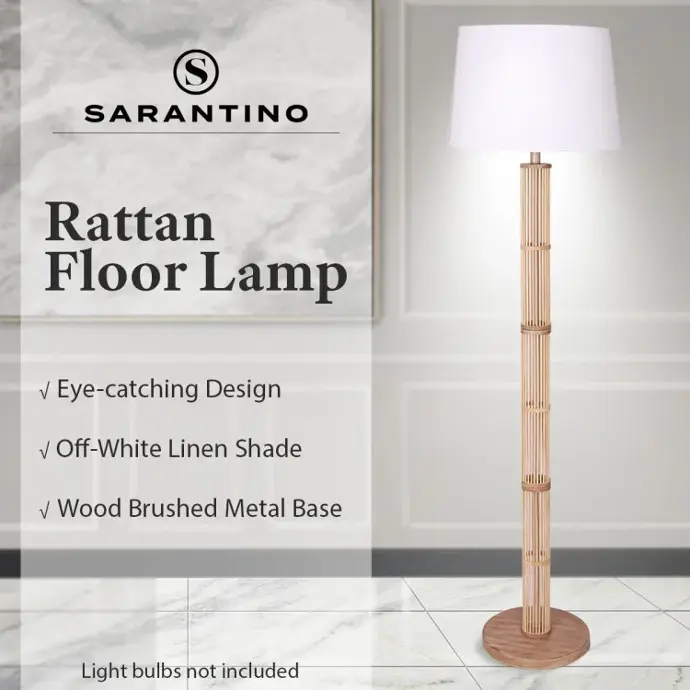 RATTAN FLOOR LAMP WITH OFF-WHITE LINEN SHADE BY SARANTINO