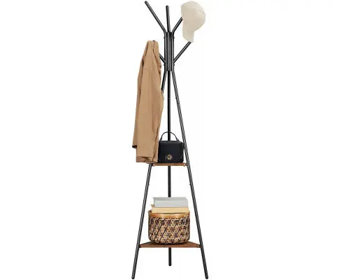 Black Coat Rack Stand Industrial Style 2 Shelves Clothes