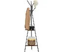 Black Coat Rack Stand Industrial Style 2 Shelves Clothes