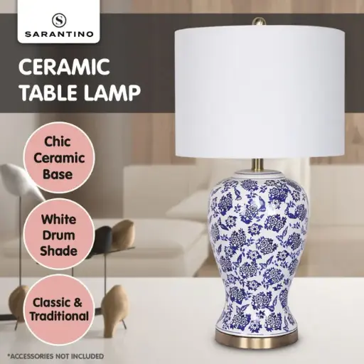 SARANTINO TABLE LAMP CERAMIC FLORAL BASE COTTON DRUM SHADE