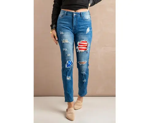 Azura Exchange Stripes and Stars Patches Ripped Jeans - L