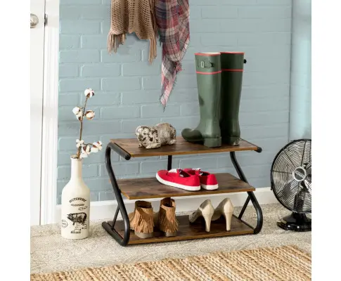 Matte Black Frame Rustic Wood 3-Tier Medium Shoe Rack