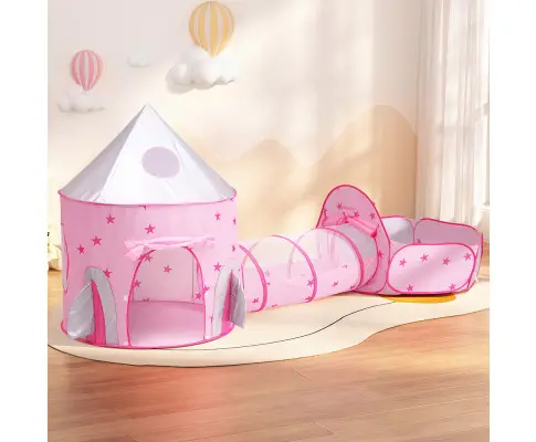 Keezi Kids Playhouse Play Tent Pop Up Castle Crawl Tunnel Basketball Hoop Pink