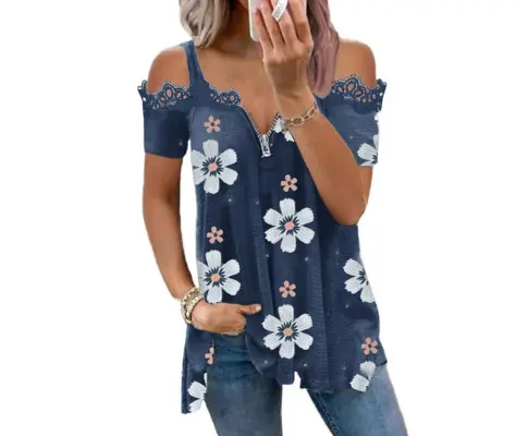 Azura Exchange Floral Print Lace Contrast Cold Shoulder T-Shirt - 3XL