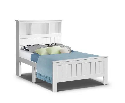 Artiss Bed Frame King Single Size Wooden with 3 Shelves Bed Head White