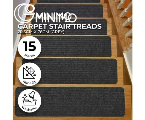 GOMINIMO Set of 15 Non Slip Carpet Stair Tread 20.3 x76cm (Grey)