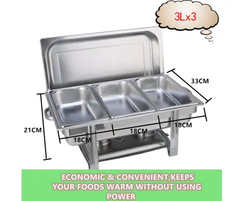 9L Chafing Dish Set Buffet Pan Bain Marie Bow Stainless Steel Food Warmer(3*3L)