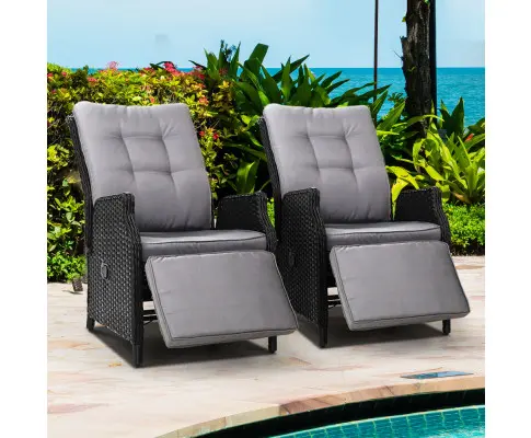 Gardeon 2PC Recliner Chairs Sun lounge Wicker Lounger Outdoor Furniture Adjustable Black