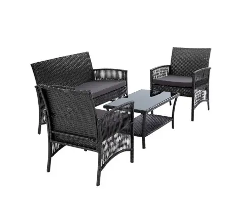 Gardeon 4PCS Outdoor Sofa Set Wicker Harp Chair Table Garden Furniture Grey