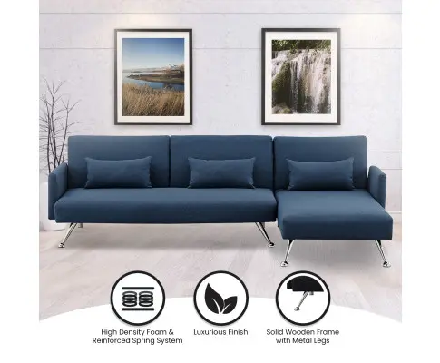 Sarantino Mia 3-Seater Sofa Bed with Chaise & 3 Pillows - Blue