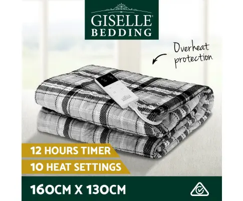 Giselle Bedding Electric Throw Rug Flannel Snuggle Blanket Washable Heated Grey and White Checkered